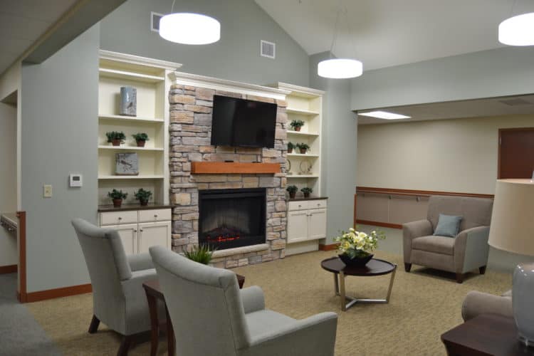 Cozy living room with fireplace and seating area